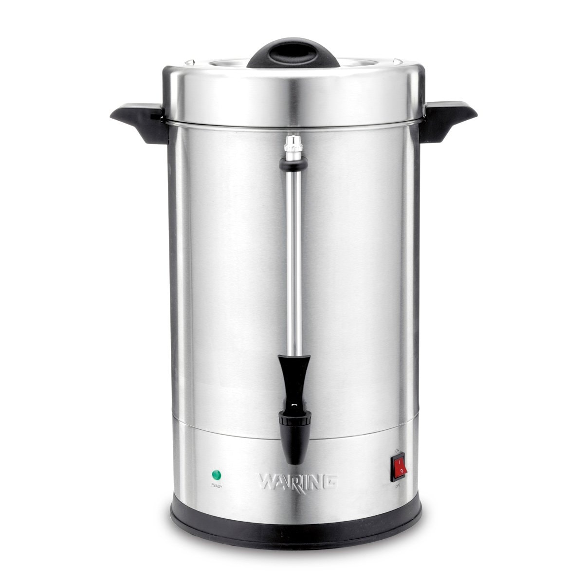 Waring WCU110X 110-cup stainless steel coffee urn with handles and Ready light, front view
