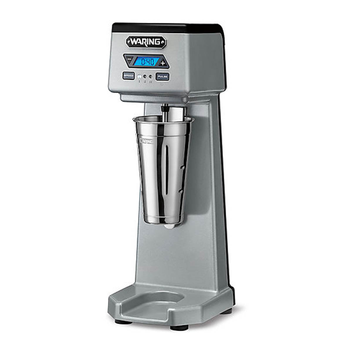 Waring WDM120TX drink mixer with malt cup, angled view
