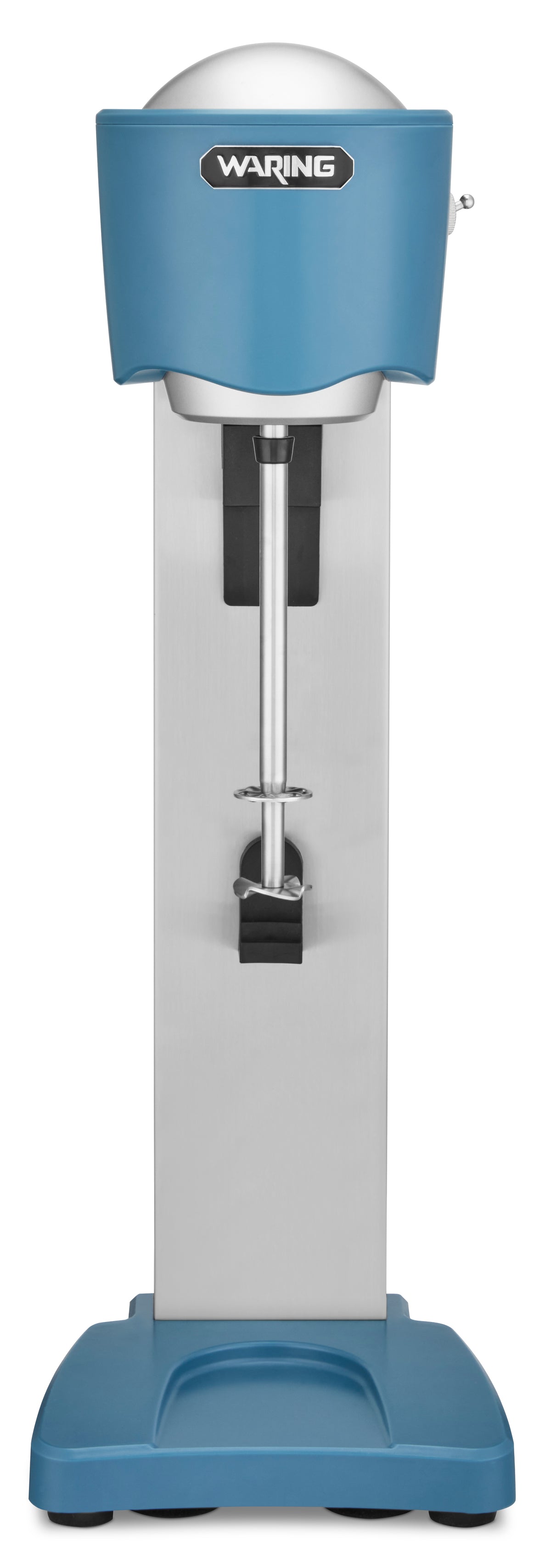 Waring WDM20 light-duty single-spindle drink mixer, blue head and base with stainless steel column, front view without cup