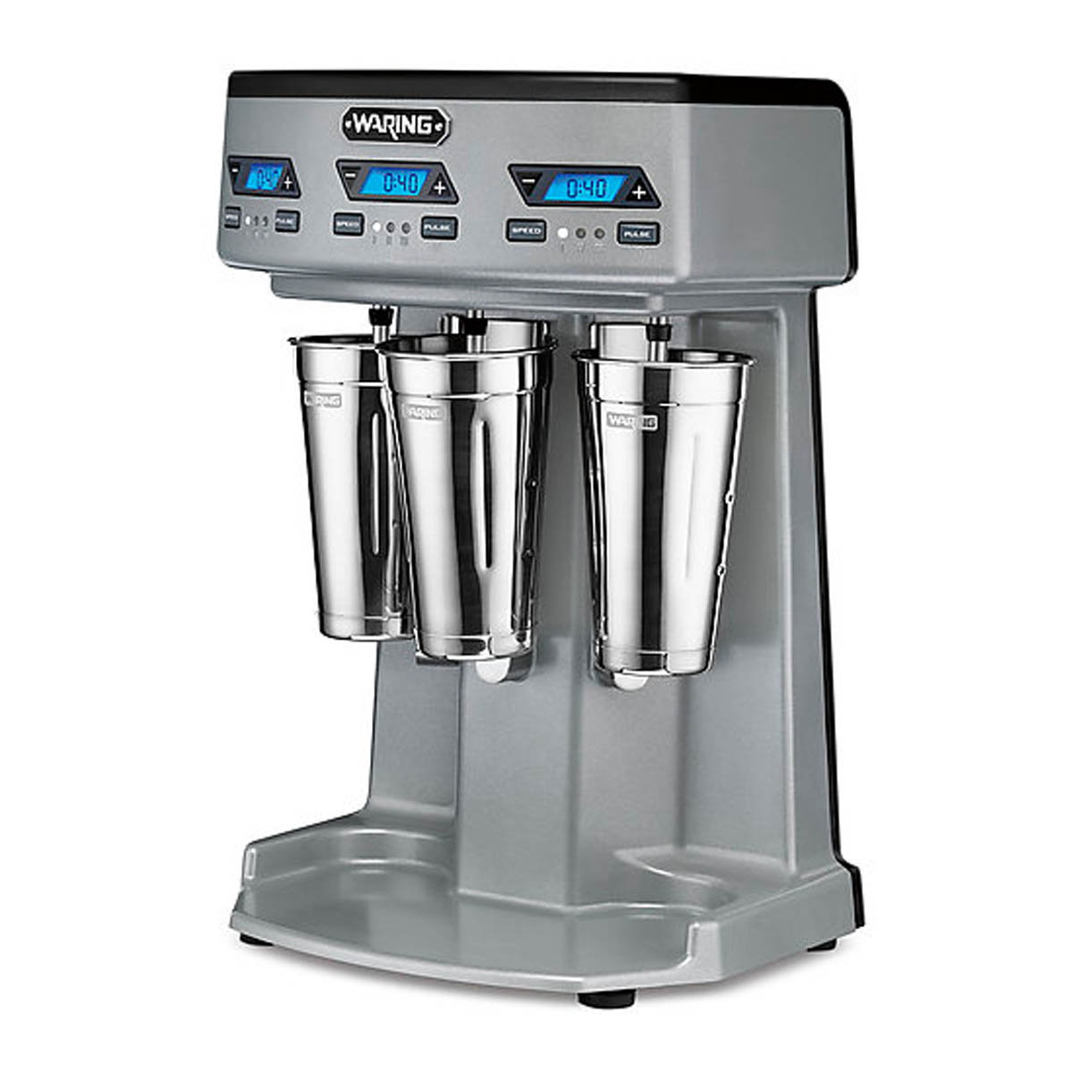Waring WDM360TX triple-spindle drink mixer with three malt cups, angled view