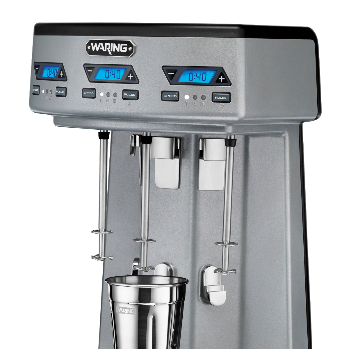 Waring WDM360TX spindles with one malt cup in place, close-up