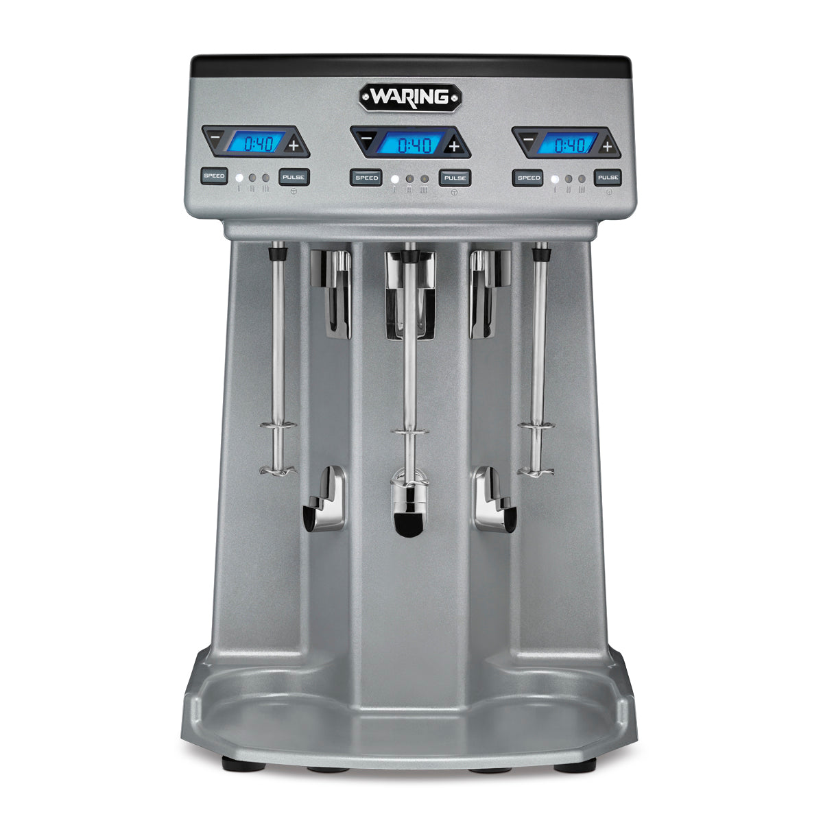 Waring WDM360TX drink mixer without cups, showing three spindles and agitators, front view