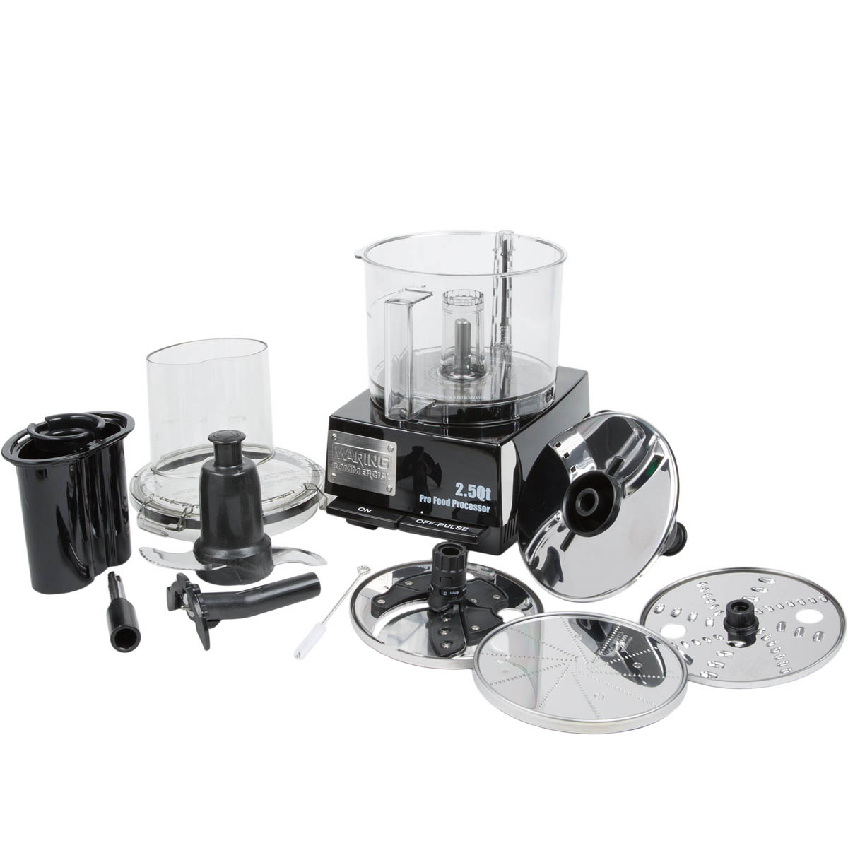 Waring WFP11S food processor with included discs, S-blade, lid and pusher laid out