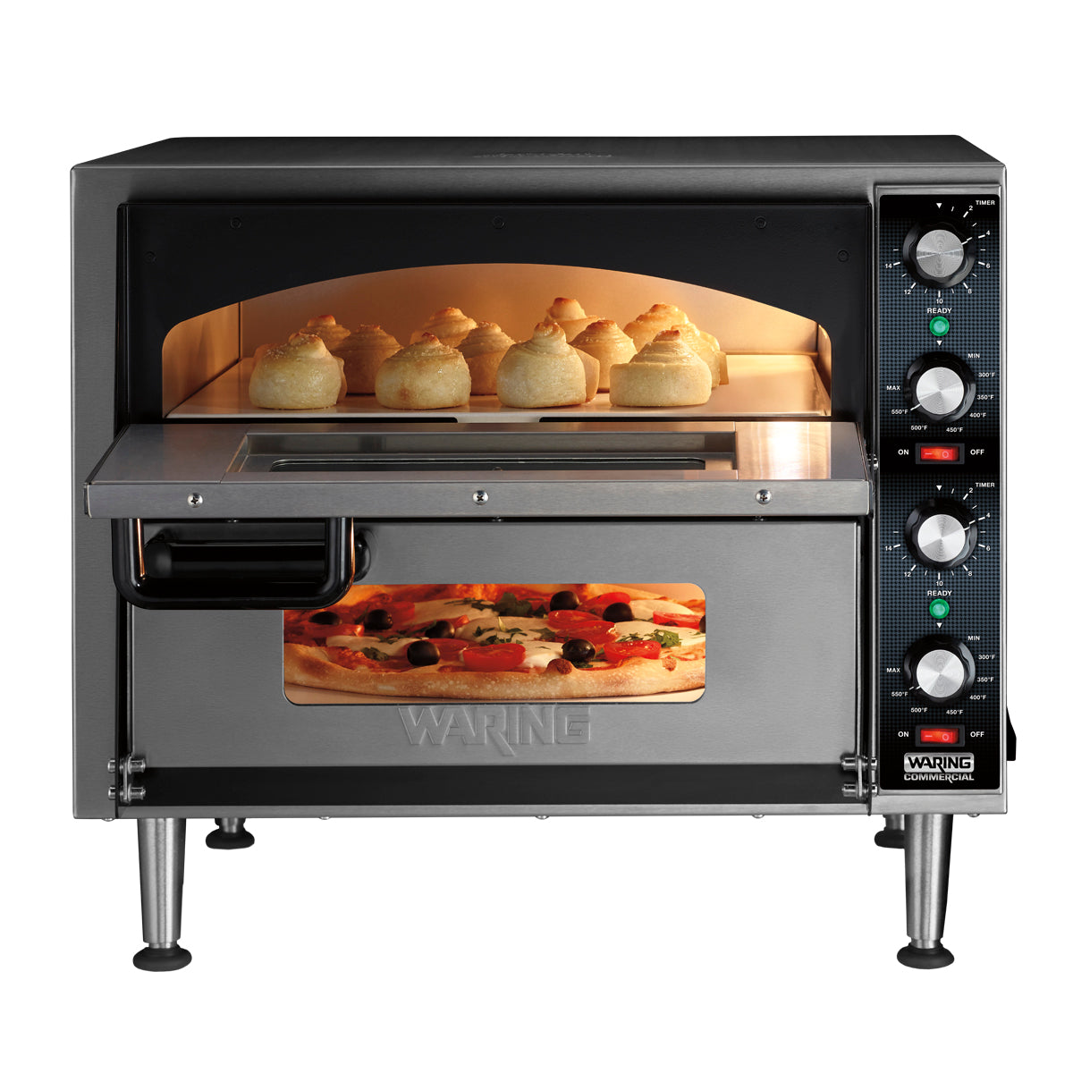 Waring WPO350 pizza oven baking pizza and rolls