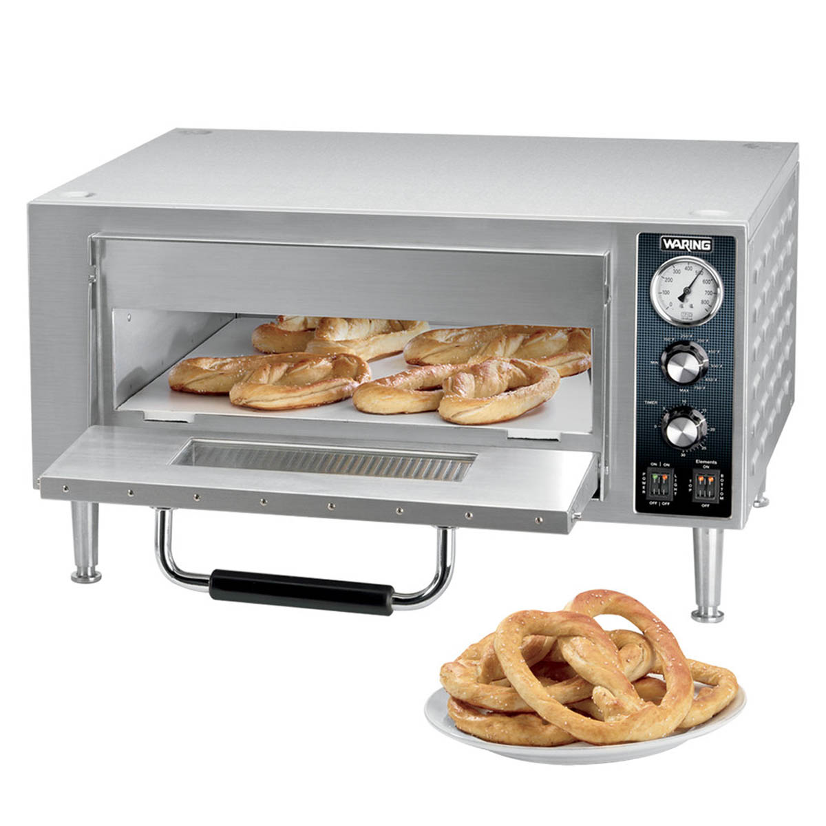 Waring WPO500 pizza oven with the door open and pretzels on the deck