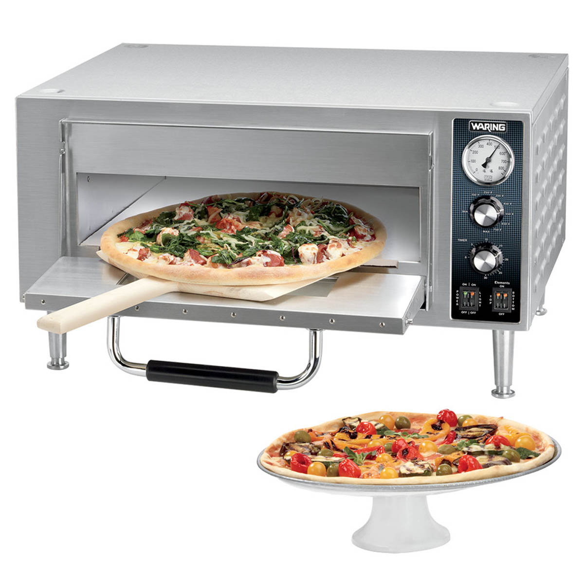 Waring WPO500 pizza oven with a pizza on a peel and a served pizza