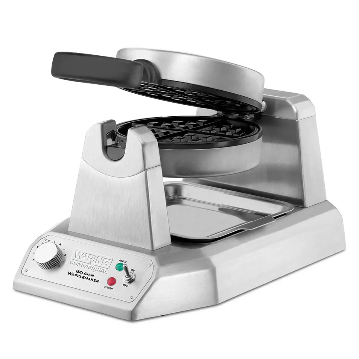 Waring WW180X single Belgian waffle maker, angled view, lid open showing Belgian grids
