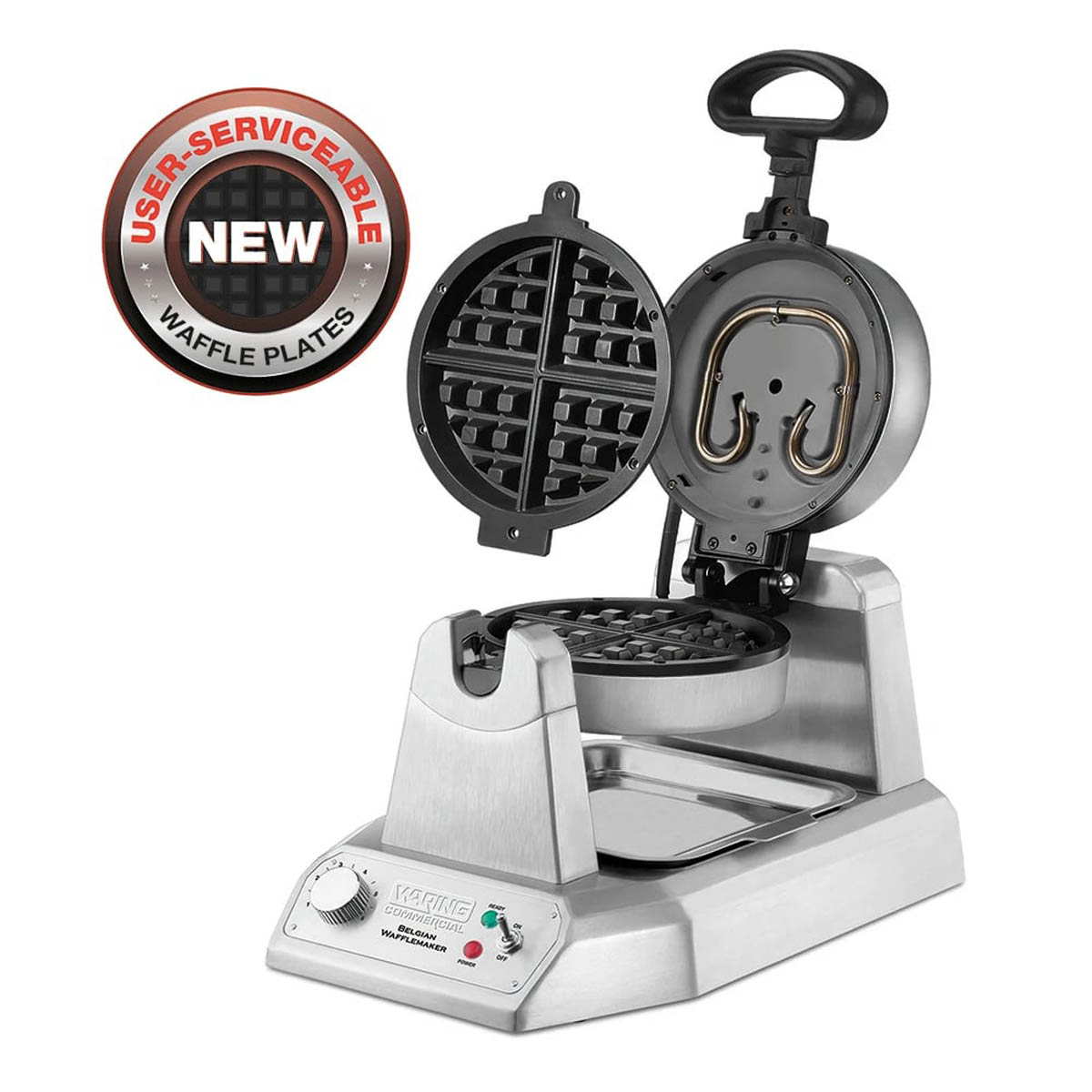 Waring WW180X Belgian waffle maker with upper plate removed, showing the user-serviceable plates
