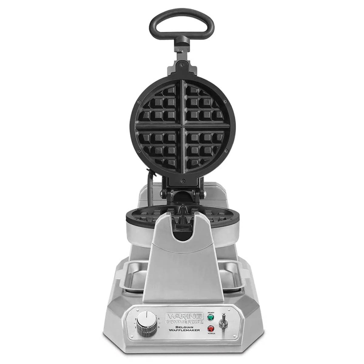 Waring WW180X single Belgian waffle maker, front view, lid open upright