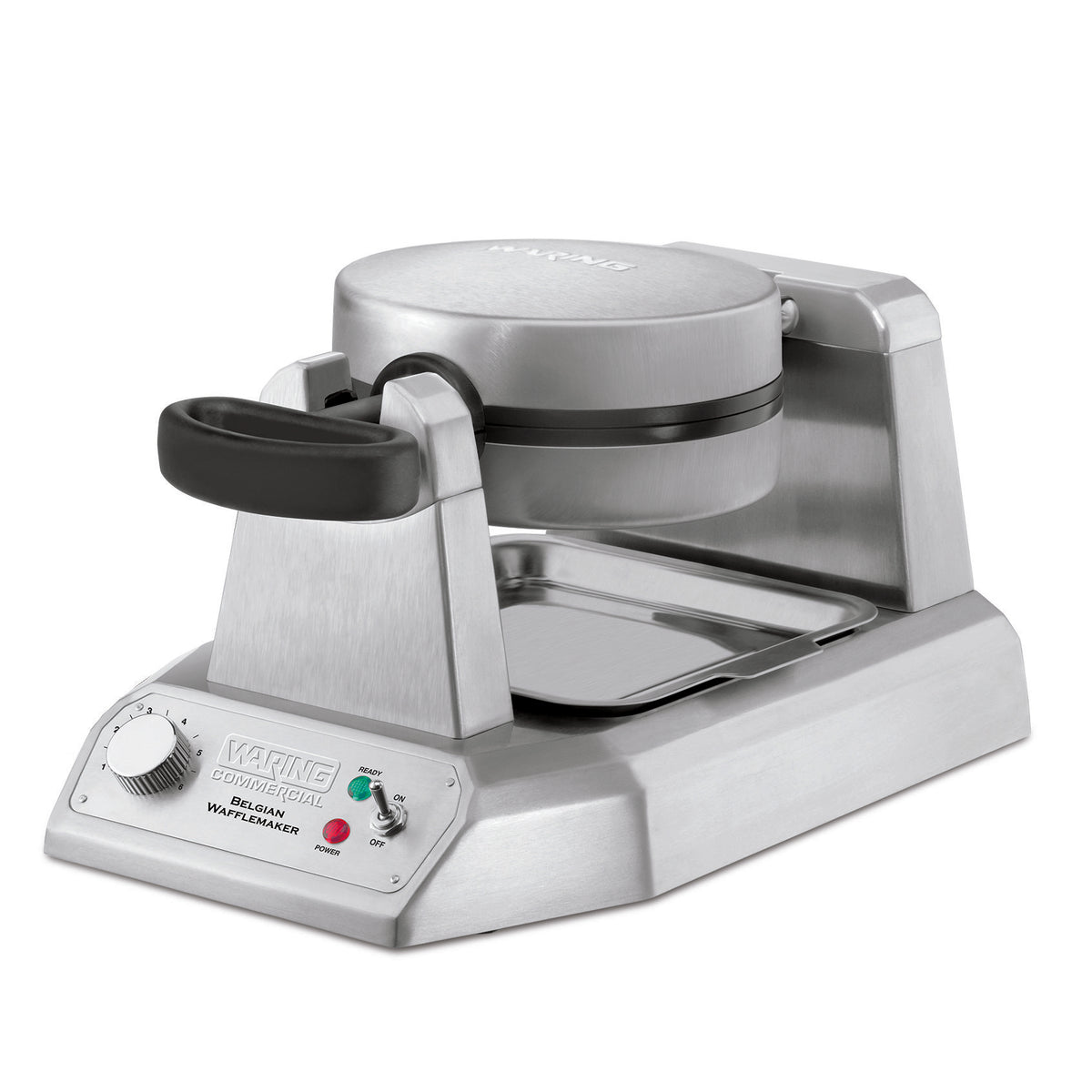 Waring WW180X single Belgian waffle maker, angled view, lid closed, drip tray in place