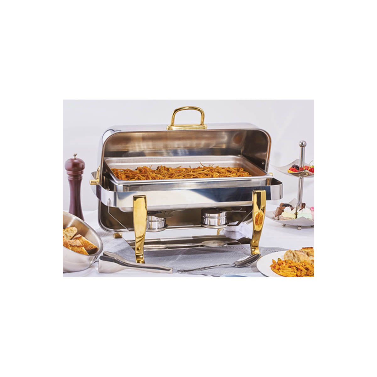 Winco 108A Vintage Series Full-Size Rectangular Chafer w/ 8 Qt. Capacity, Gold-Plated Handles | 8 qt = 2 gal