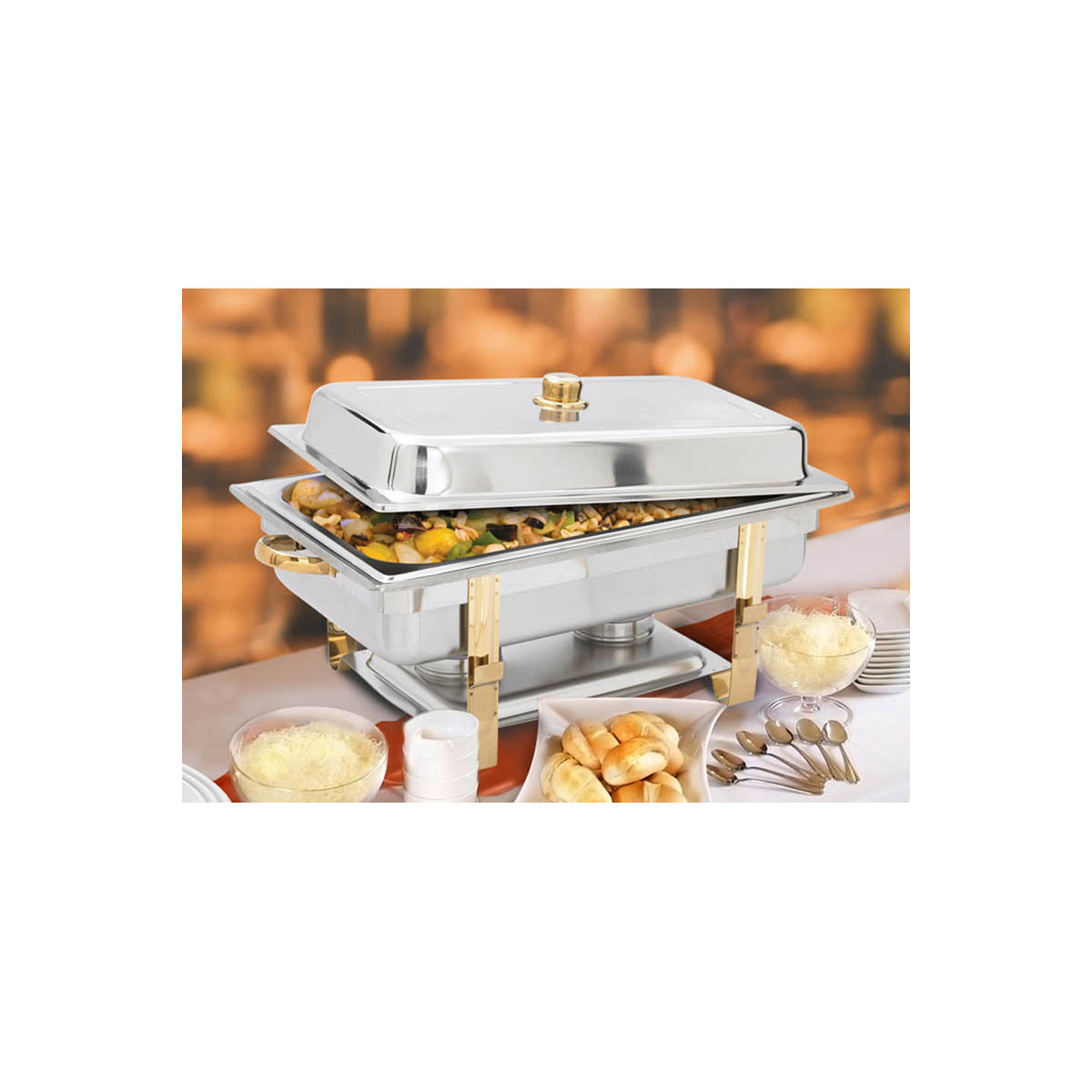 Winco 201 Malibu 8 Qt. Full Size Gold Accent Chafer | 8 qt = 2 gal