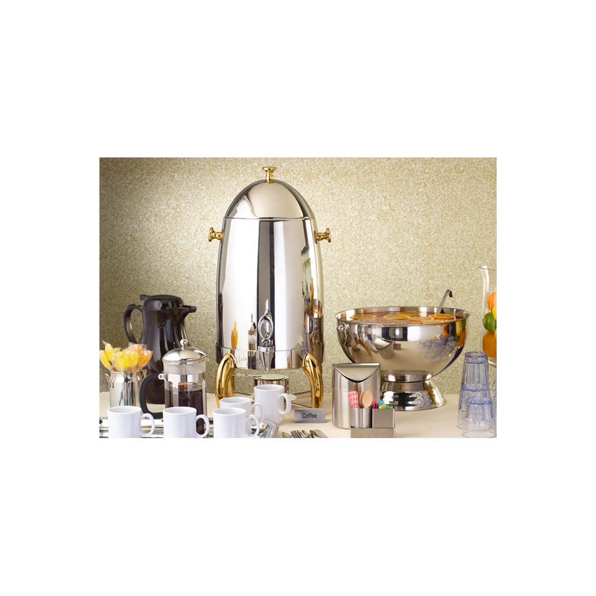 Winco 905B Virtuoso Coffee Chafer Urn, 5-Gallon Stainless Mirror with Fuel Holder, Canned Heat - Set | 19 - 20 quart capacity