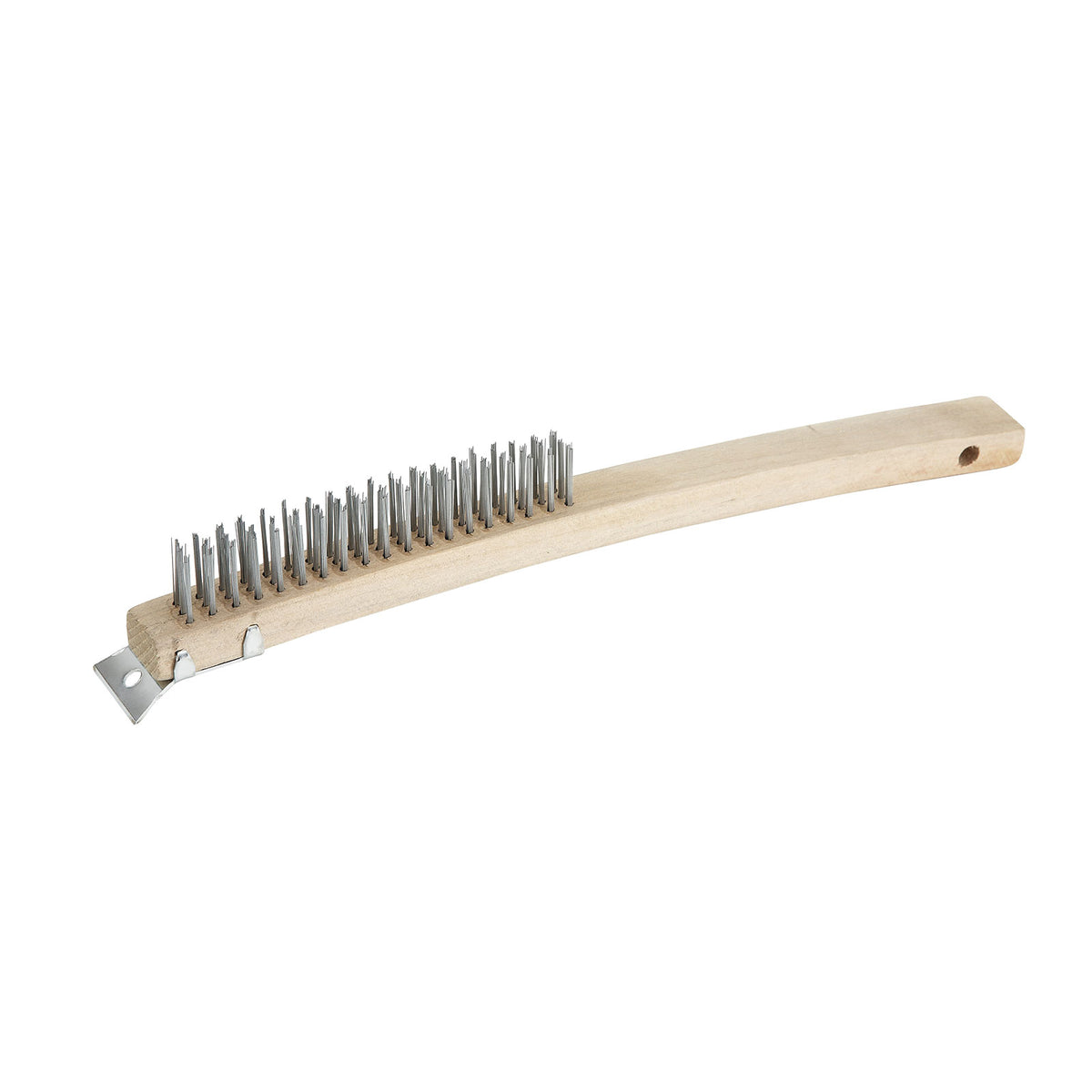 Winco BR-319 14" Wire Brush with Steel Bristles, Wood Handle, 3x19 Wire Rows, Scraper - 1 Dozen