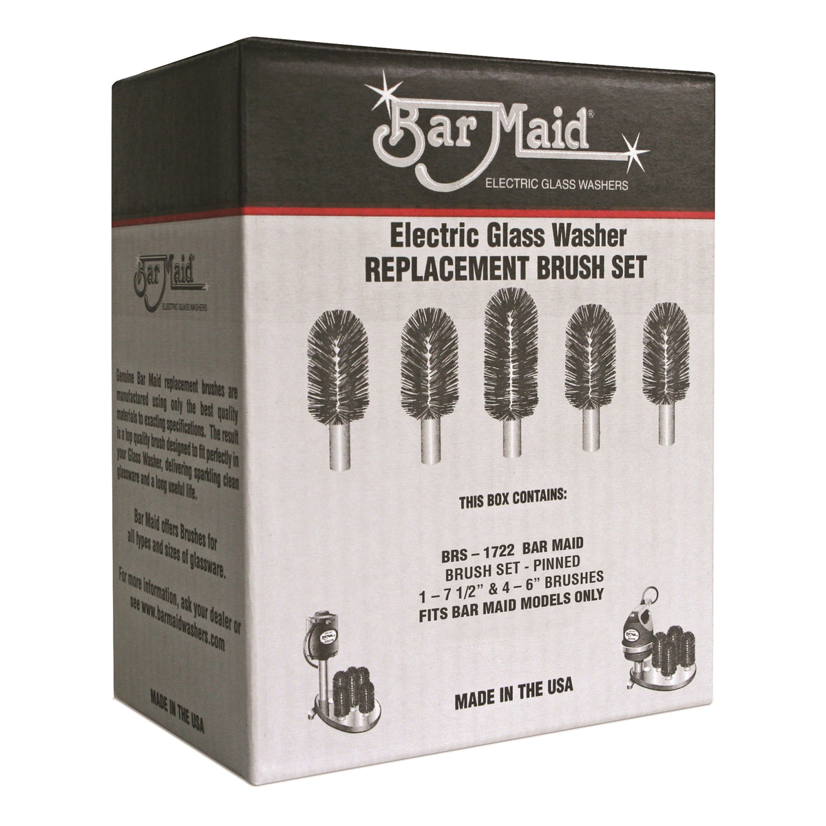 Winco BRS-1722 Bar Maid Brush Set, four 6" BRS-917 + one 7-1/2" BRS-922 brush, fits all models