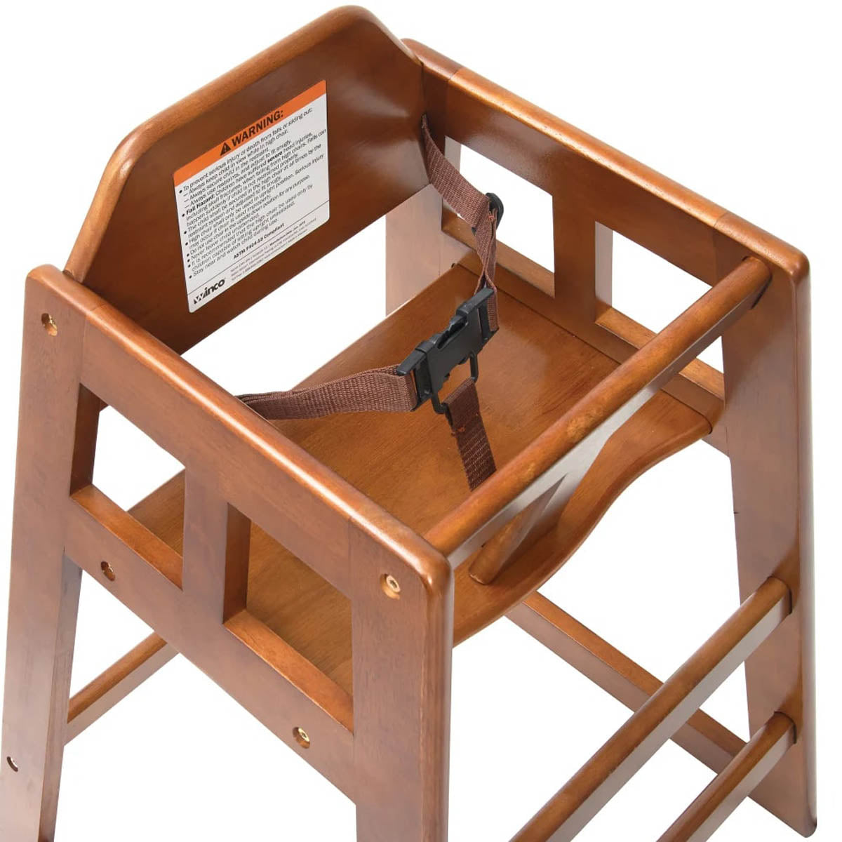 Winco CHH-104A Walnut Finish Rubberwood High Chair, 20"H Seat, Buckle Strap, Stackable