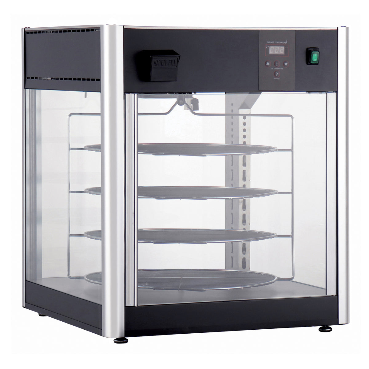 Winco EDM-1K Countertop Hot Food Display Case w/ 4-Tier Rotating Rack, Holds 18" Dia. Pizzas
