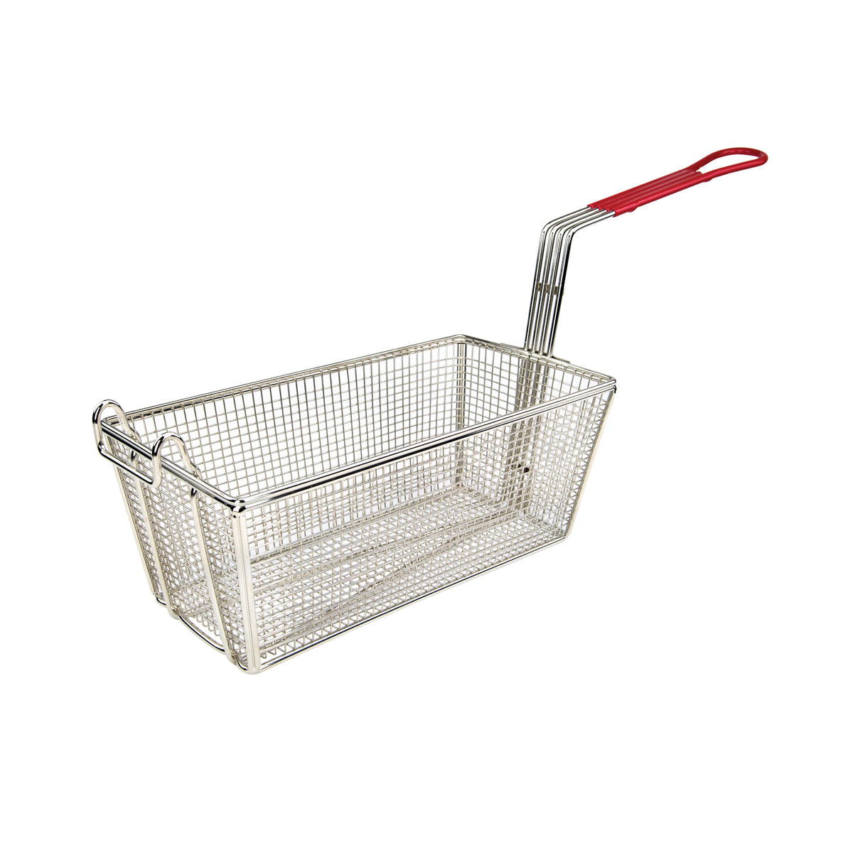 Winco FB-25 Nickel Plated 12-7/8" x 6-1/2" Rectangular Fry Basket w/ Red Handle | aluminum housing