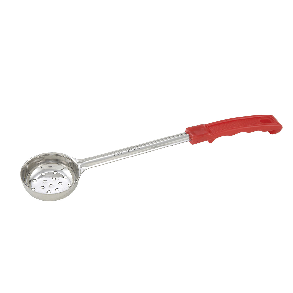 Winco FPP-2 2 oz. One-Piece Perforated Food Portioner, Red Handle | stainless steel with plastic handle