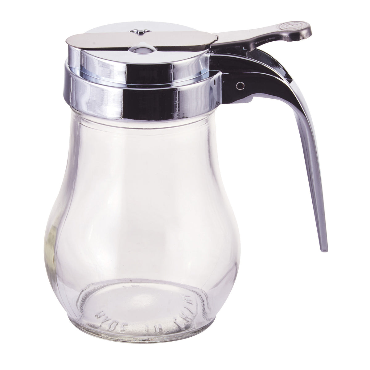 Winco G-115 Syrup Dispenser, 6 oz Glass Jar, Thumb-Operated, Chrome Plated Metal Top - 1 Dozen | 0" Wide