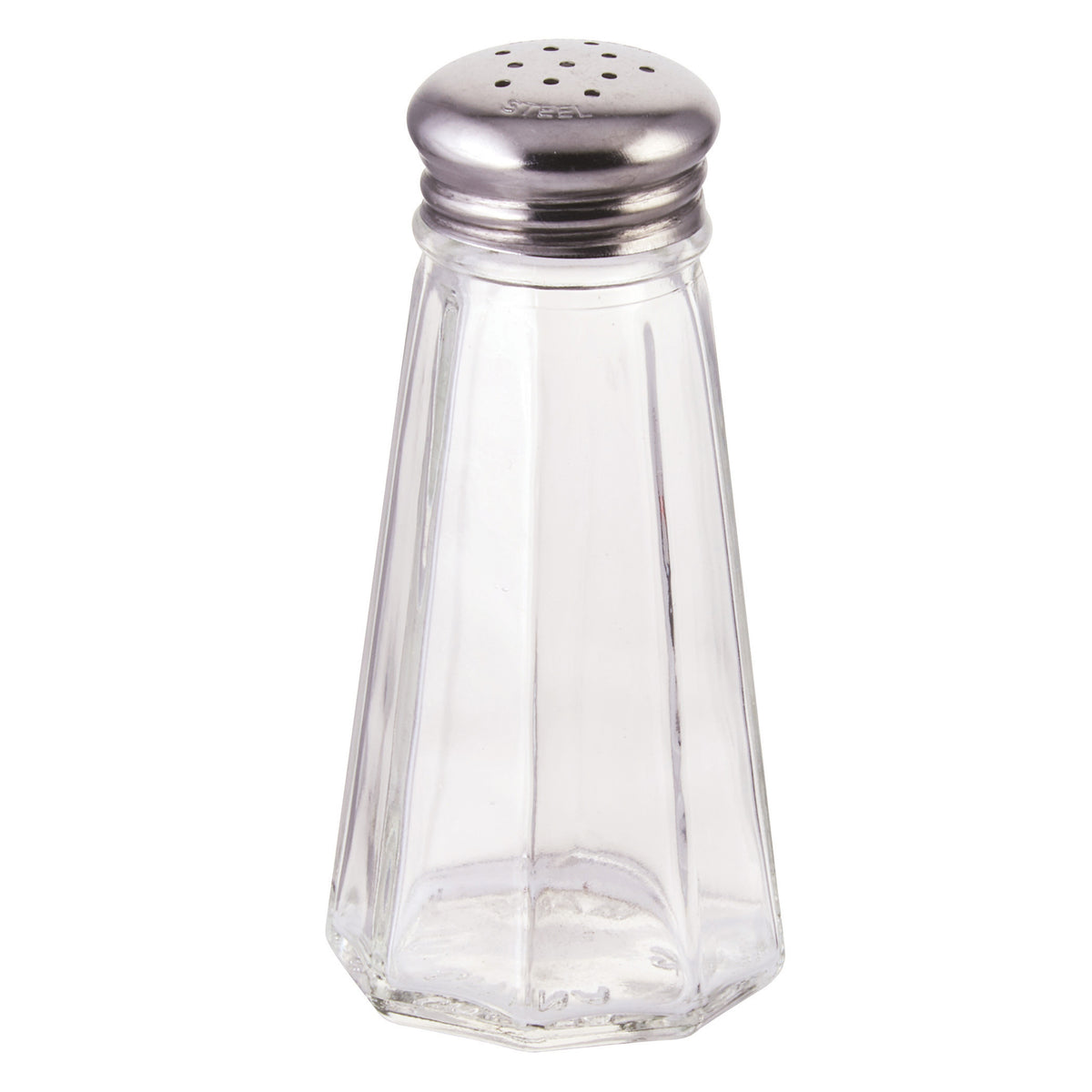 Winco G-117 3 oz Glass Salt & Pepper Shaker, Paneled Mushroom Top, 18/0 Stainless Steel - 1 Dozen