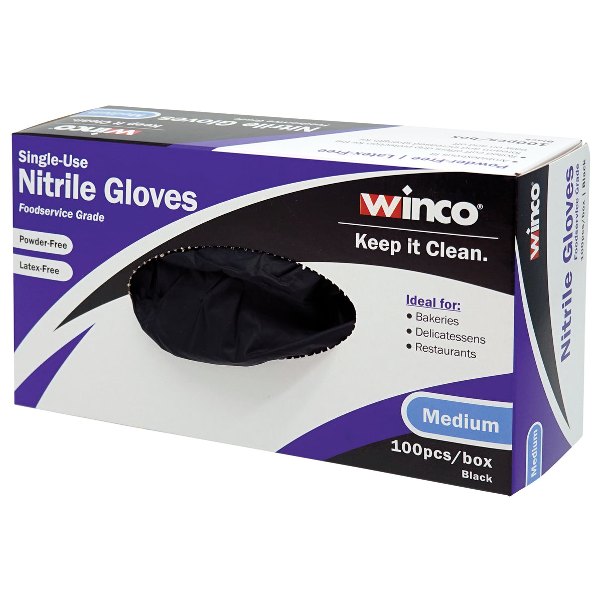 Winco GLN-MB Disposable Gloves, Nitrile, M, Powder-Free - 100/Box | 4.75" Wide