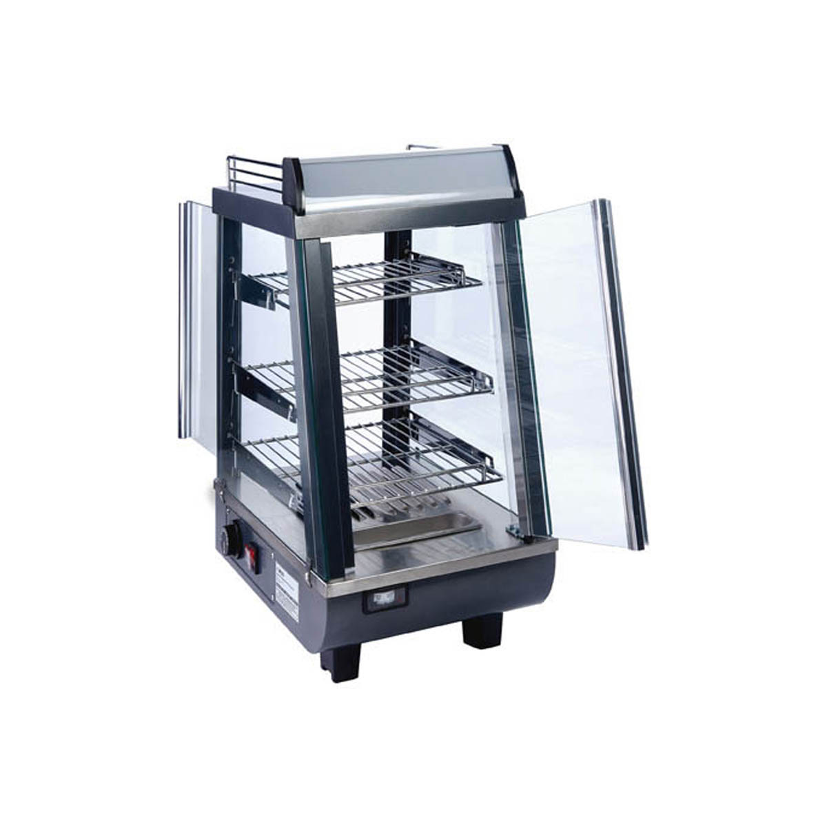 Winco HDM-13 Heated Display, 13.5" Wide, 3 Shelves, 2 Doors, 85-195°F Thermostat, 120V 800W - Set