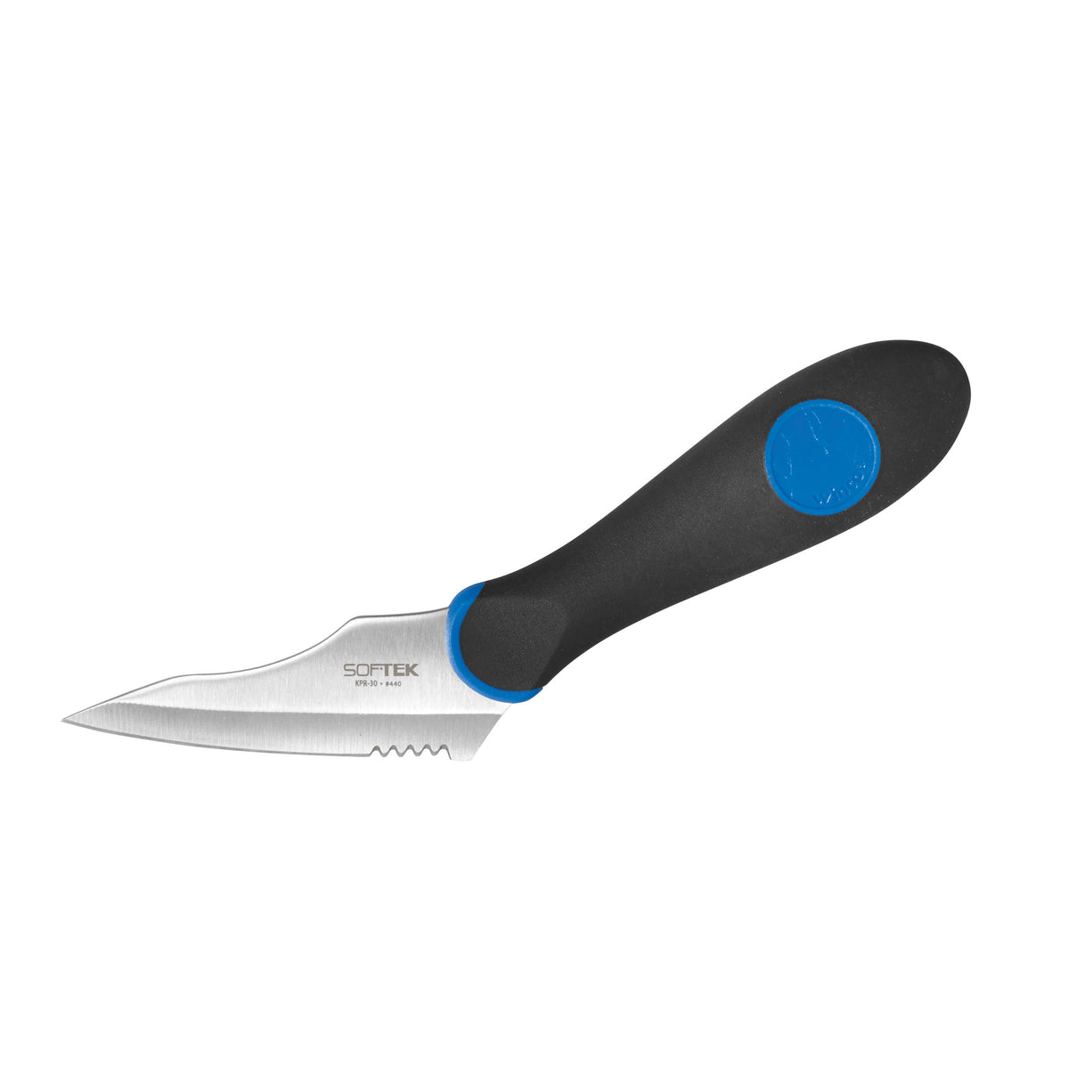 Winco KPR-30 Sof-Tek Utility Knife, 3-1/2" stainless steel blade, black/blue TPR handle - 1 Dozen