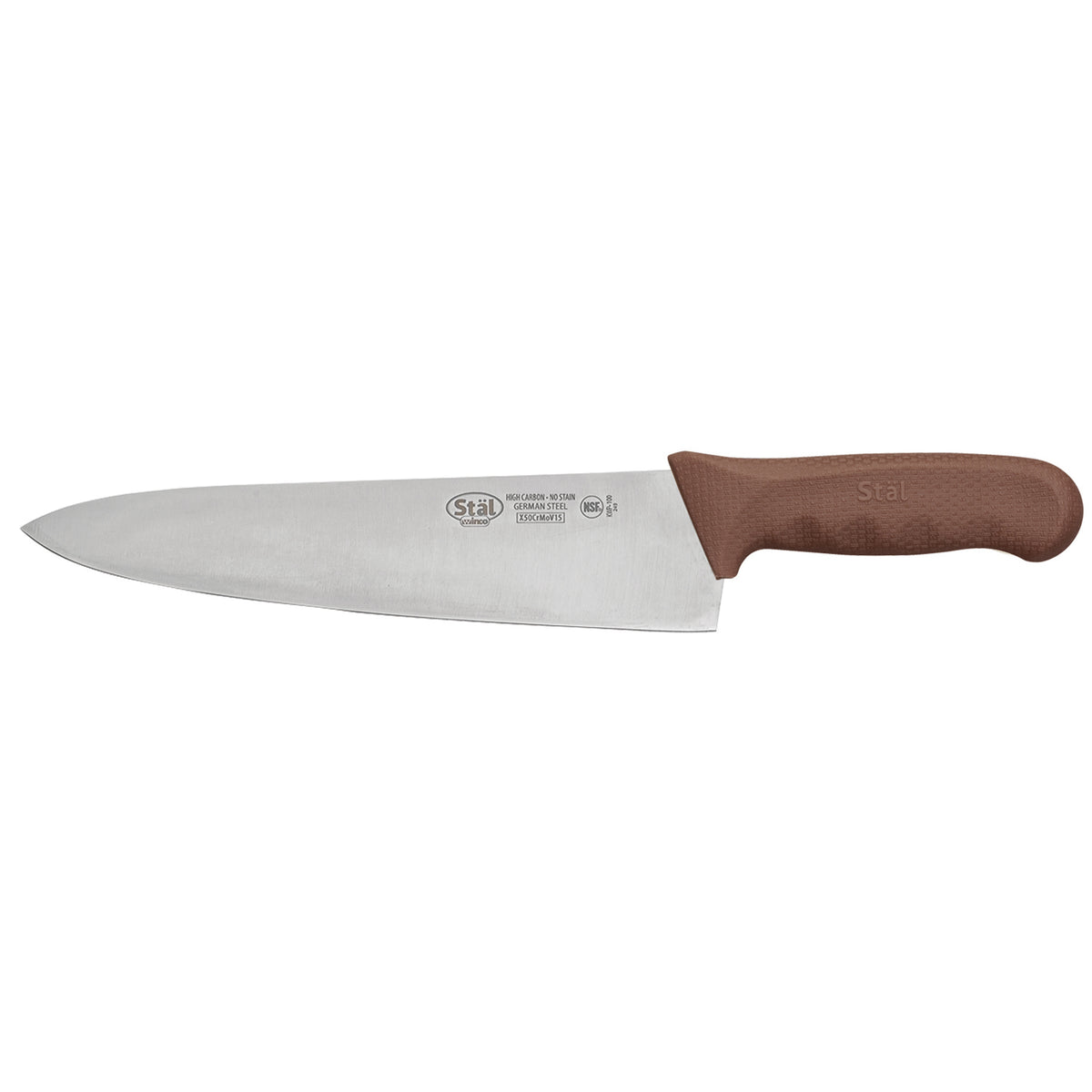 Winco KWP-100N Stäl 10" German Steel Chef's Knife with Brown Handle | aluminum housing