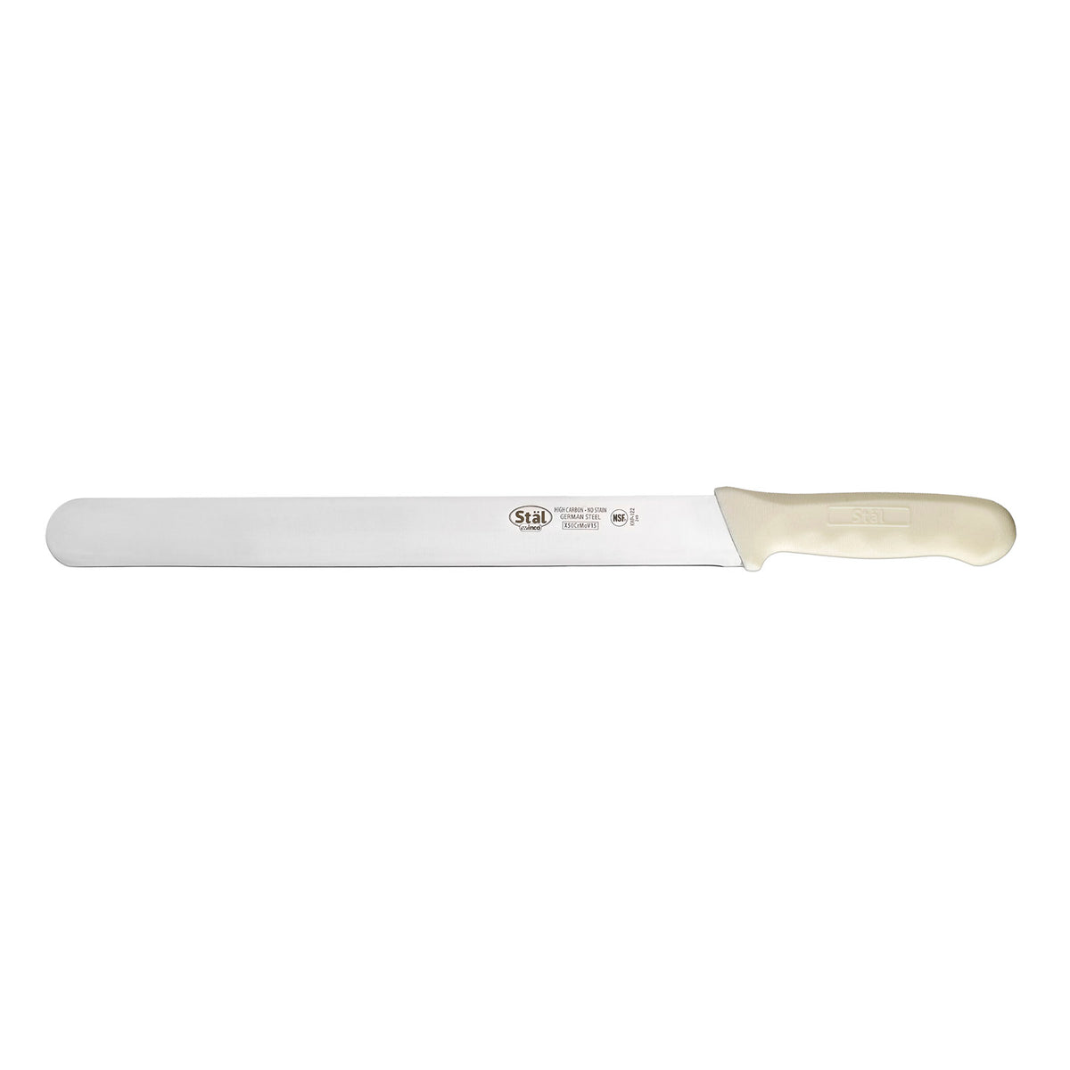 Winco KWP-122 High Carbon Steel 12" Roast Beef Slicing Knife w/ White Polypropylene Handle