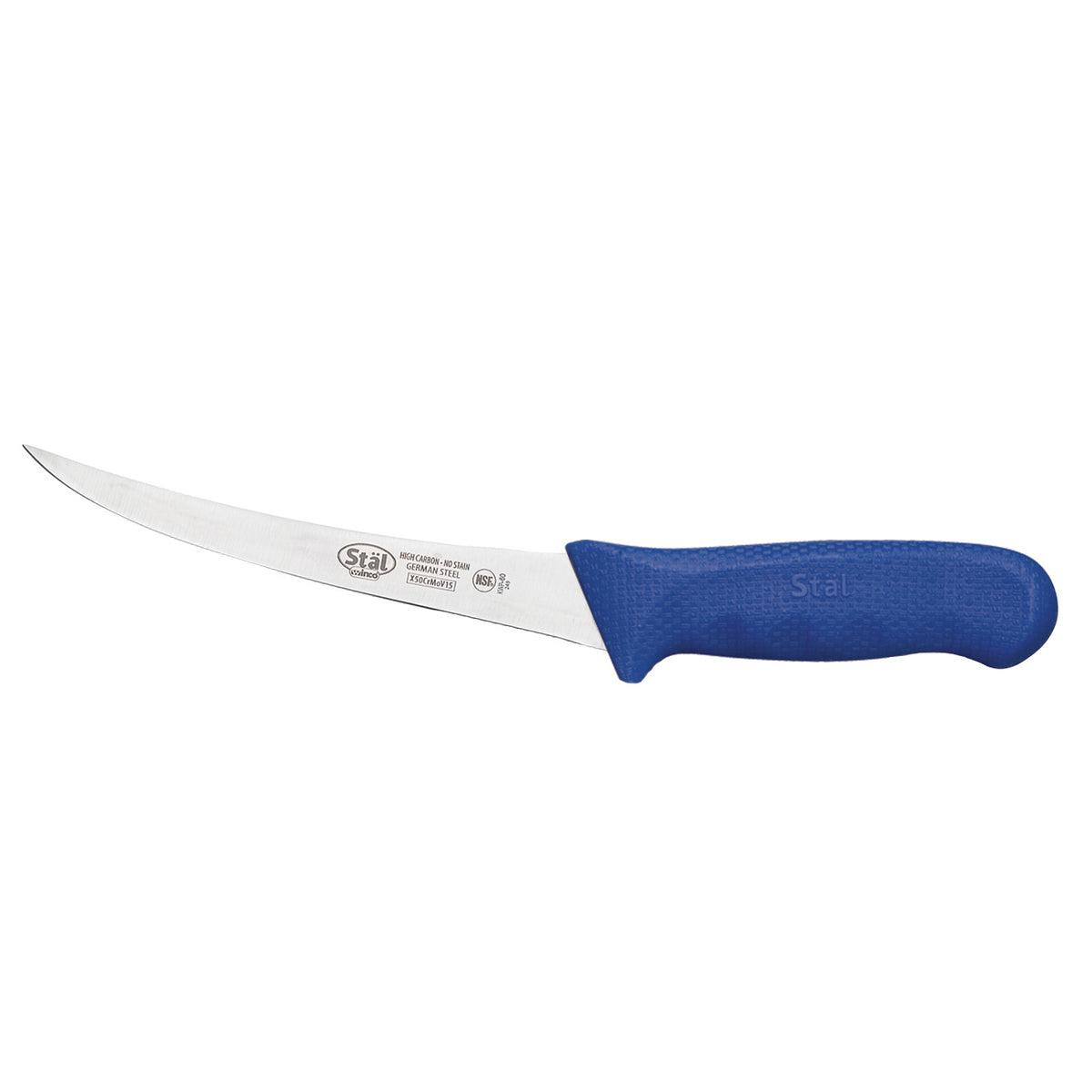 Winco KWP-60U Stäl igh Carbon Stainless Steel Flexible Curved Boning Knife w/ Blue Handle | 11.25" Wide
