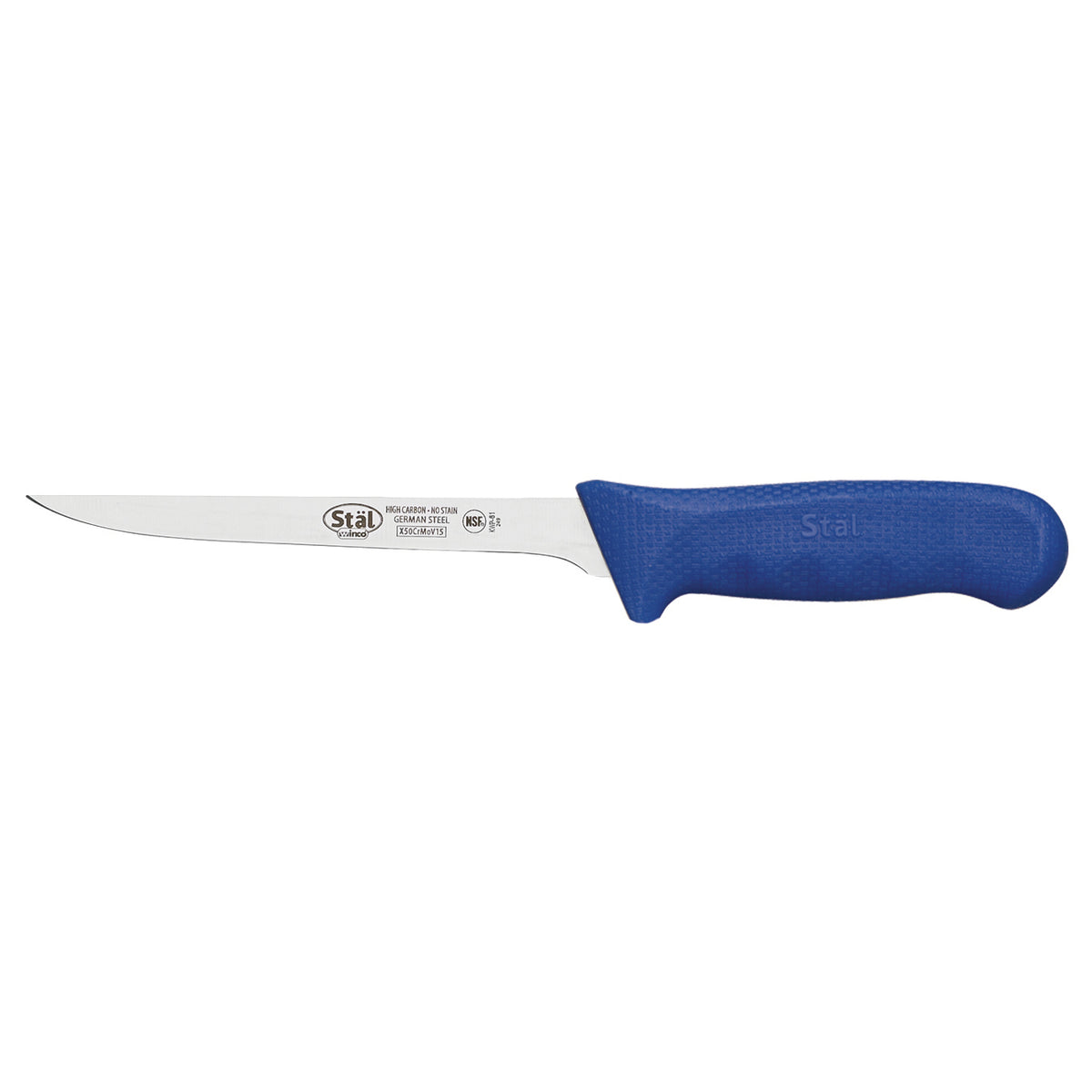 Winco KWP-61U Stäl 6" High Carbon Stainless Steel Narrow Boning Knife w/ Blue Handle