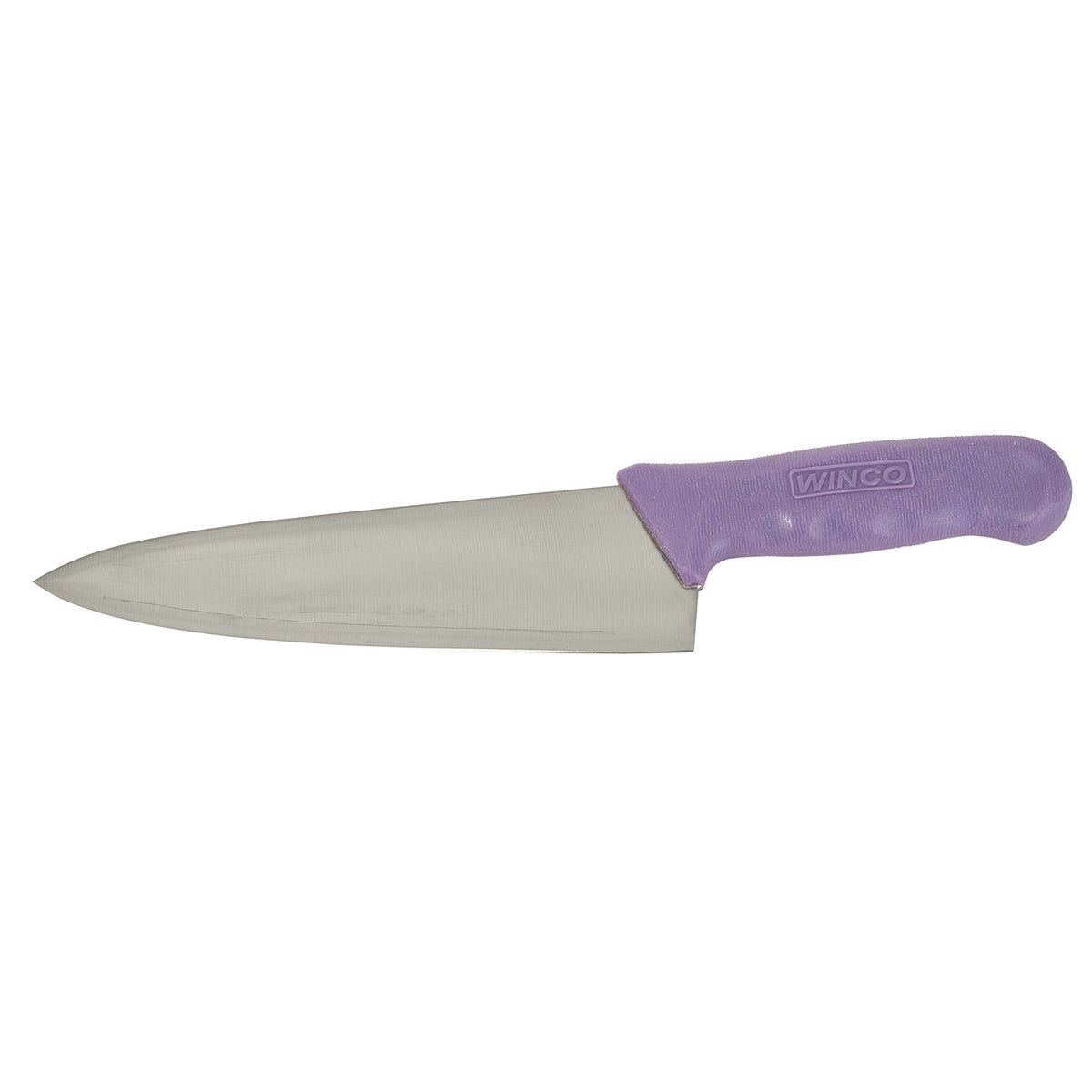 Winco KWP-80P 8" Allergen Free Purple Handle Stainless Steel Chef's Knife | aluminum housing