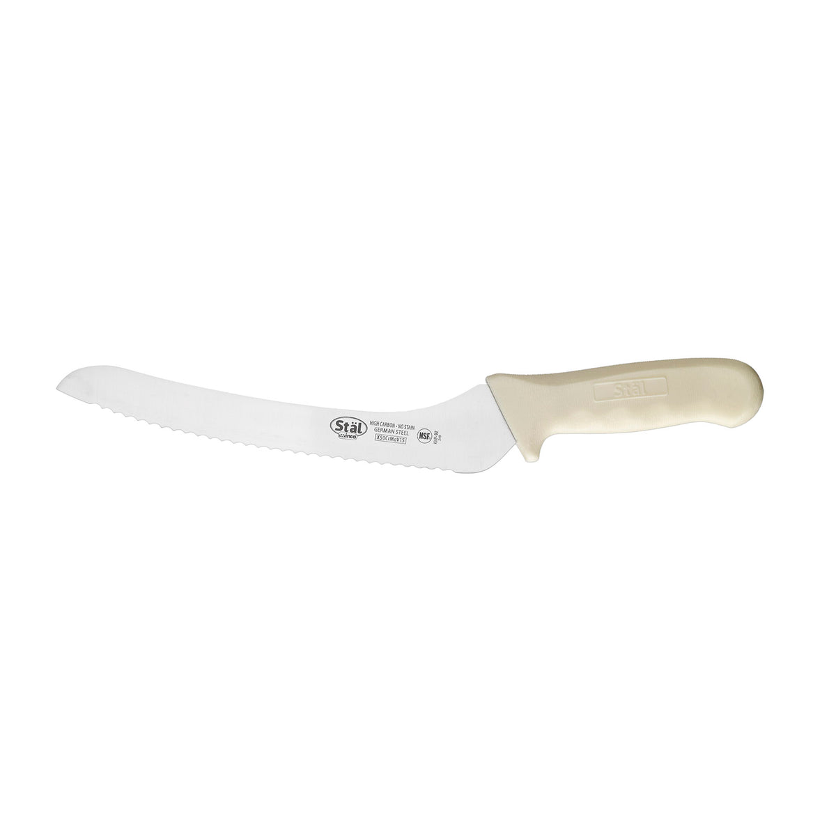 Winco KWP-92 9" Stäl Stainless Steel Offset Serrated Bread Knife w/ White Handle