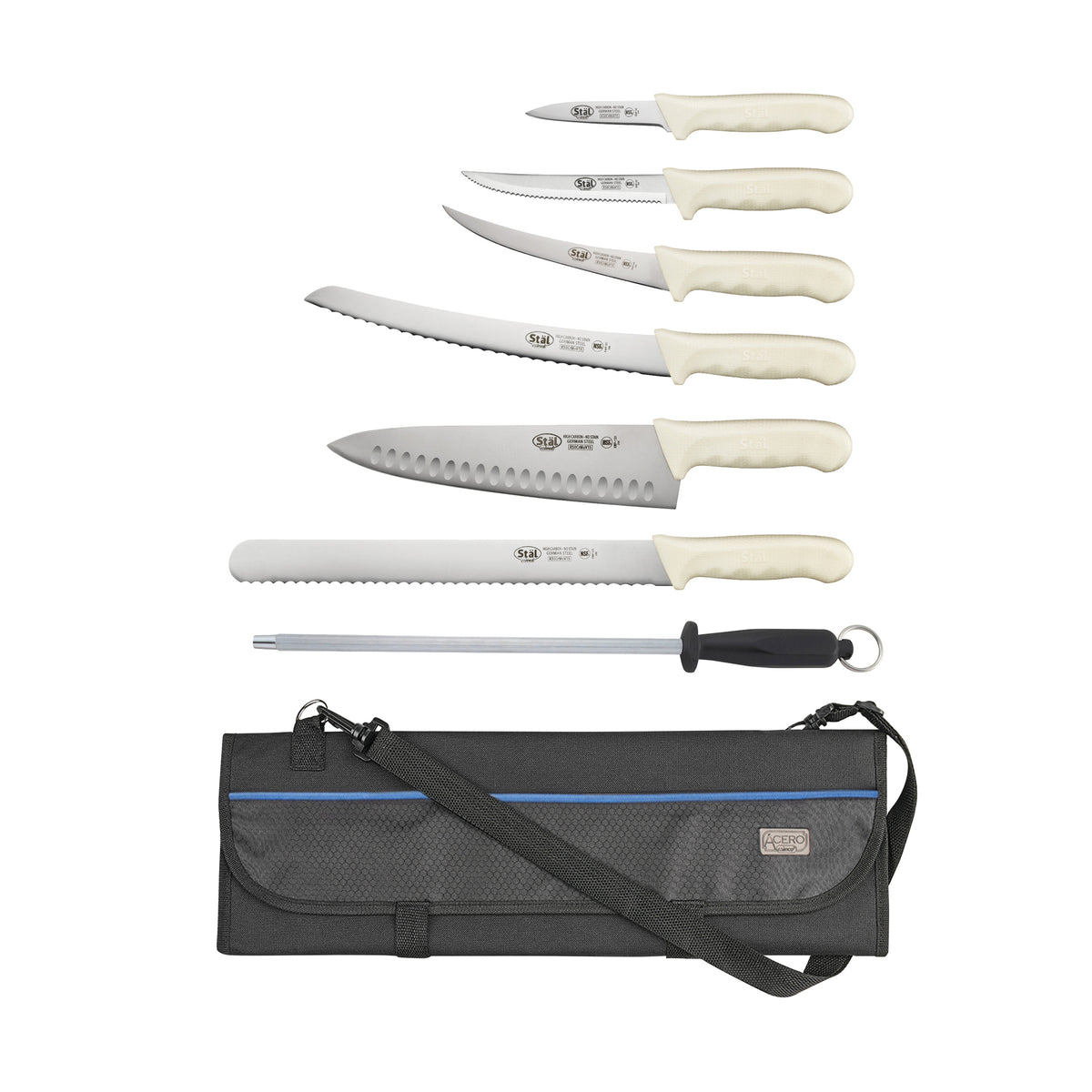 Winco KWP-KIT1 9-Piece Kitchen Knife Set, German steel 3--1/4"-12" blades, black bag, NSF finish