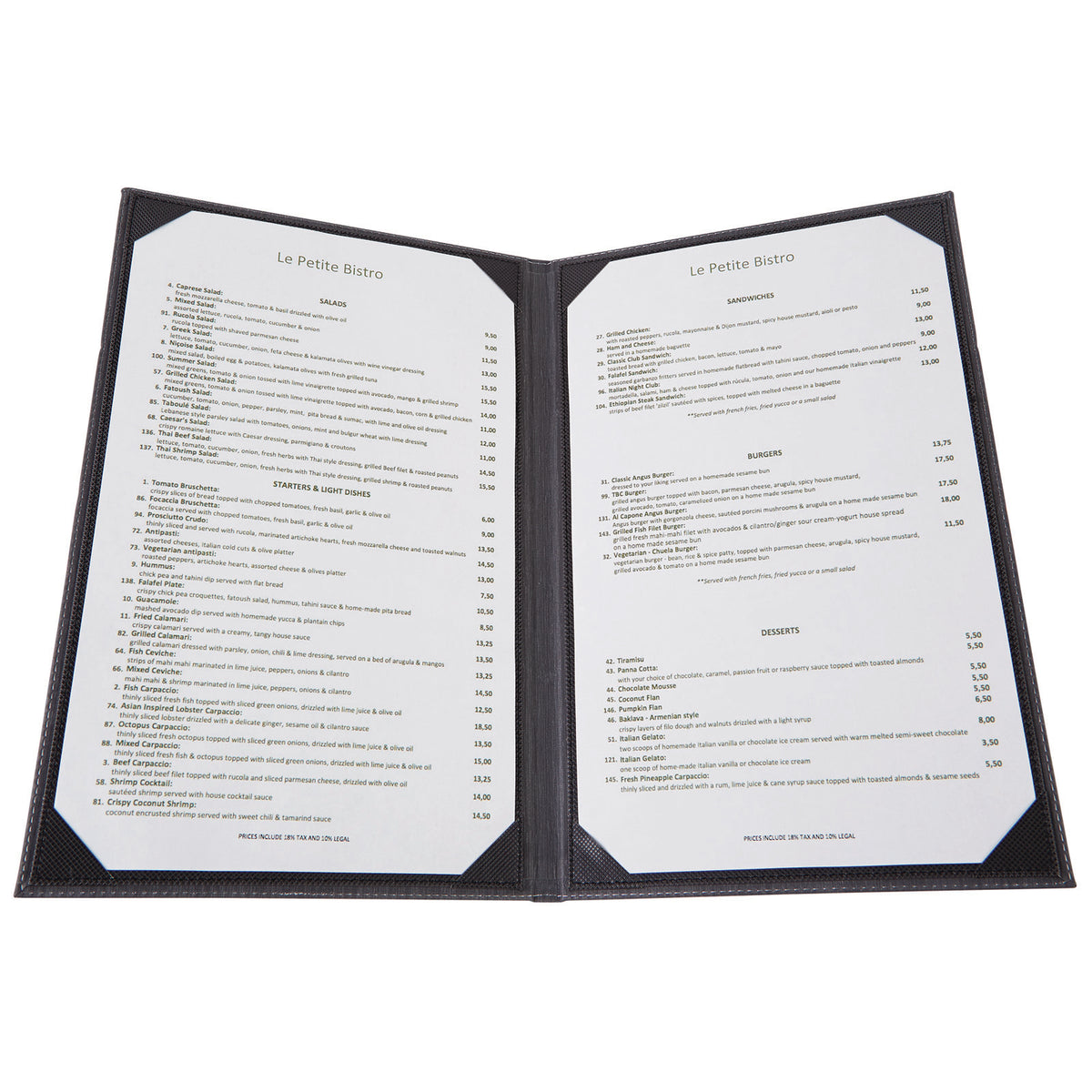 Winco LMD-814BK Menu Cover, Double, Legal Size, Holds 8-1/2" X 14" Paper | leather-like