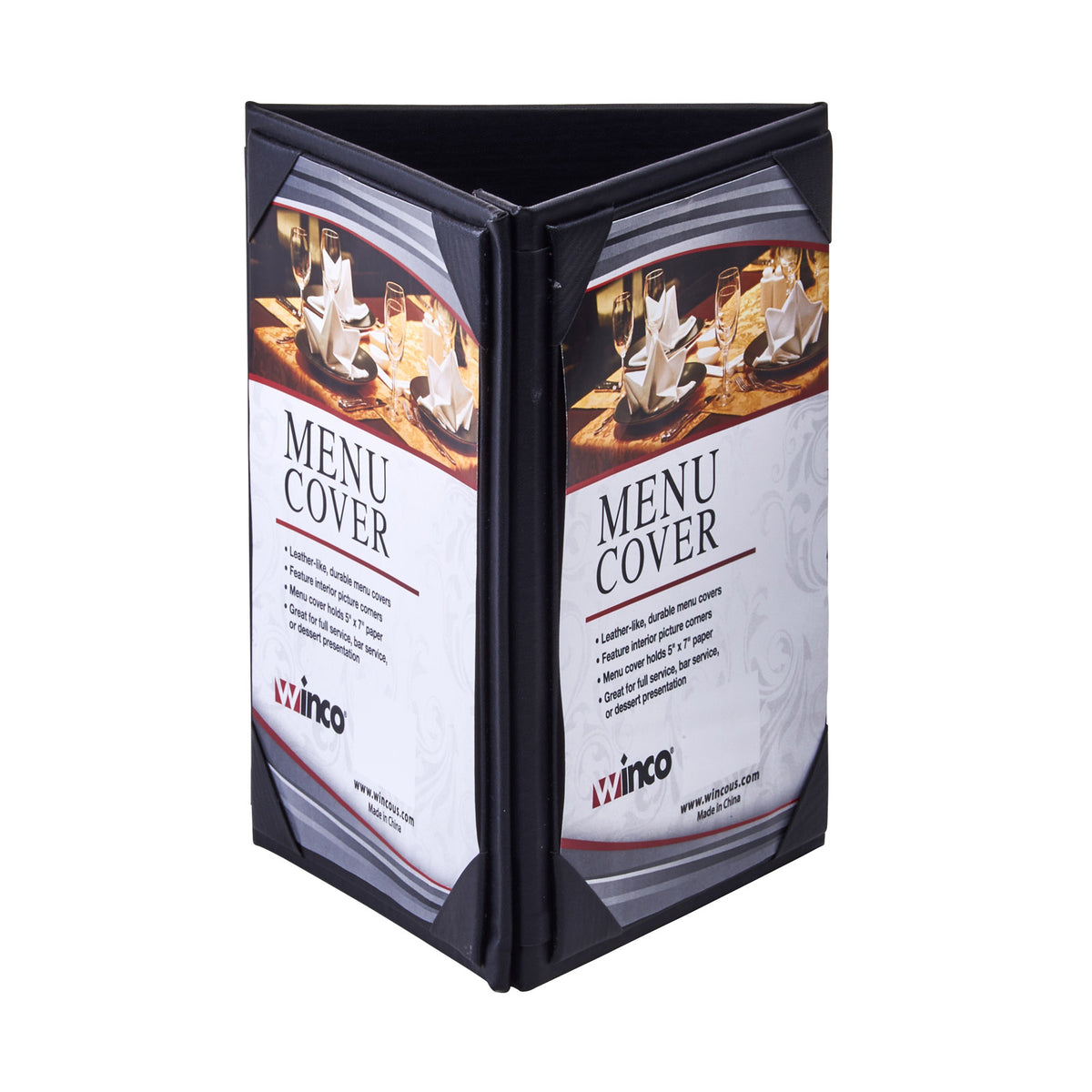 Winco LMTT-57BK Menu Cover, Table Tent Design, Triple View (3) 5" X 7 Inserts | leather-like