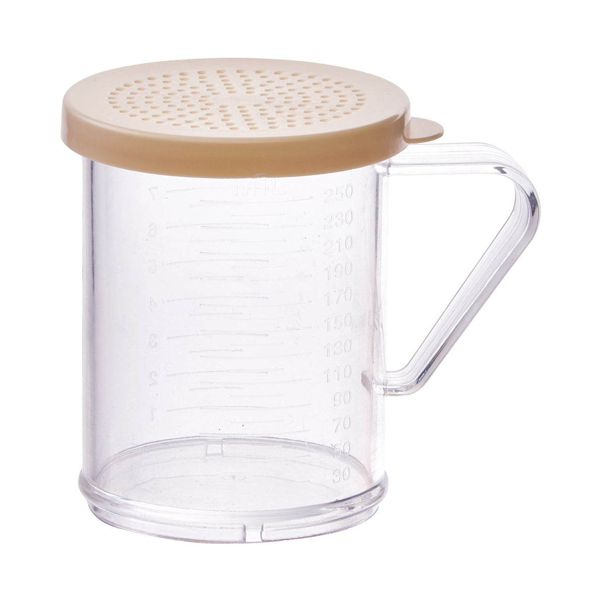 Winco PDG-10B 10 Oz. Clear Polycarbonate Dredge with Snap-On Beige Lid | 10 - 11 oz