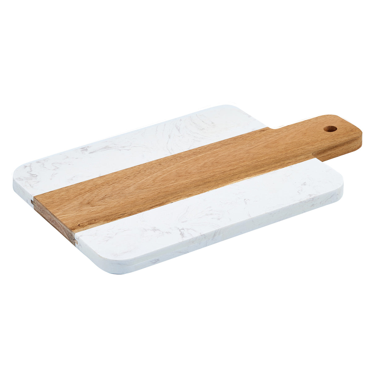 Winco SBMW-117 9" x 7" Marble and Wood Serving Board with 2 1/2" Handle