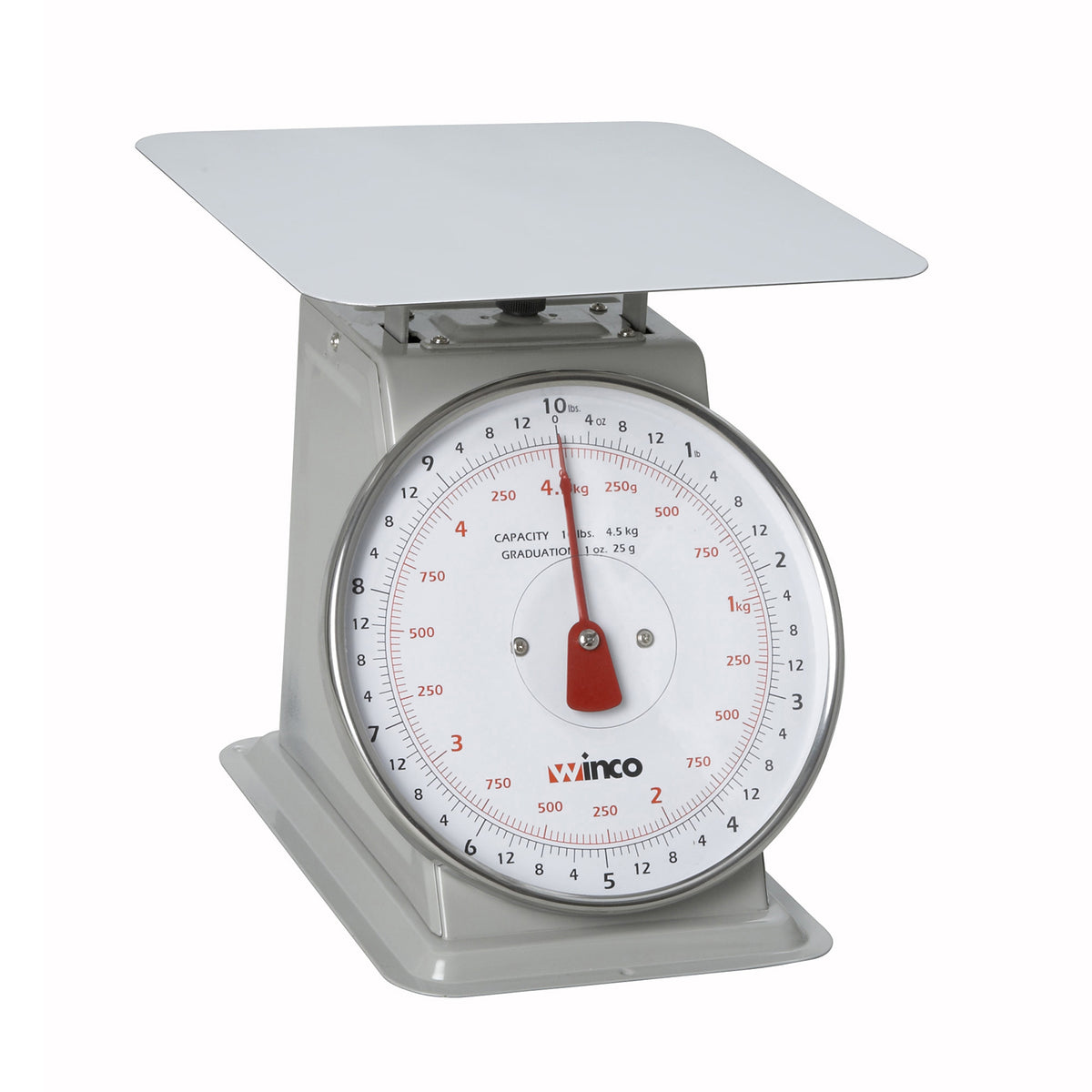 Winco SCAL-810 8" Dial 10 Lb. Portion Scale - 9-3/5" Steel Platform, 10-29 lb Capacity, Sloped Dial, Painted | painted enamel steel