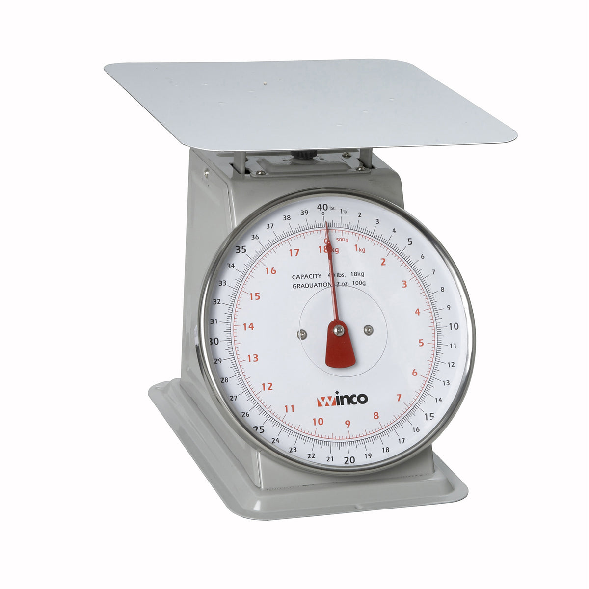 Winco SCAL-840 40 lb Receiving Scale - 8" Dial, 9-3/5" Painted Enamel Steel Platform, 30-75 lb Capacity, Sloped Display