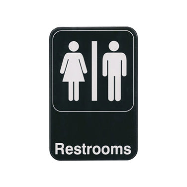 Winco SGN-603 Restrooms Sign - Black and White, 9" x 6" w/ Symbol