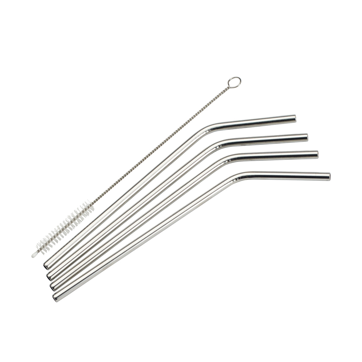 Winco SSTW-8C Curved Straw Set, 4 straws + brush 1/4" dia x 8.5" long, 18/8, dishwasher safe - 5/Set