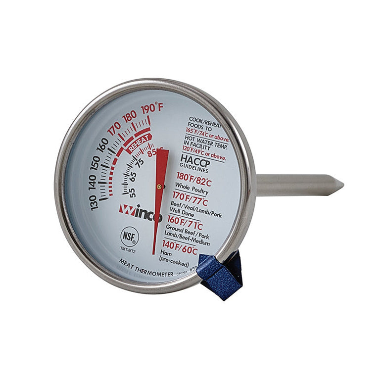Winco TMT-MT2 5" Hand Held Meat Thermometer, 2" Dia. Dial Face With Stem - 130° To 190° F