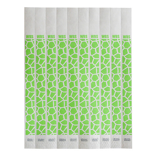 Winco WB-100G-D Bar Maid Wristbands, 3/4" W x 9.5" L Tyvek Green, Sequentially Numbered - 500/Pack