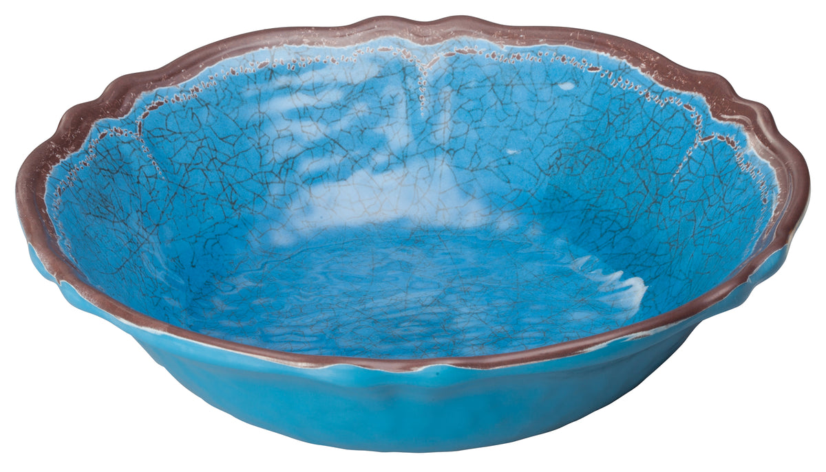 Winco WDM001-407 Luzia 13-3/4" Blue Round Melamine Bowl, 3 Qt, Hammered Finish - 12/Case