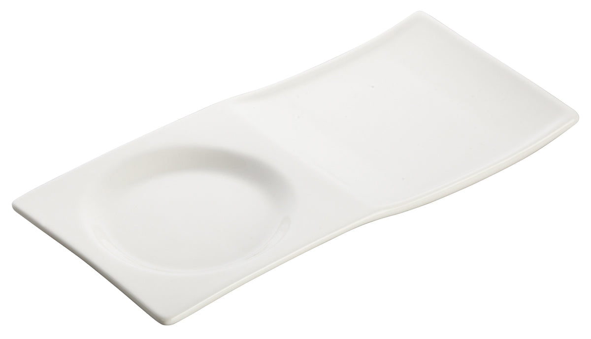 Winco WDP012-101 Rectangular Porcelain Tray, 8" x 3-3/4", White with Circular Well - 36/Case