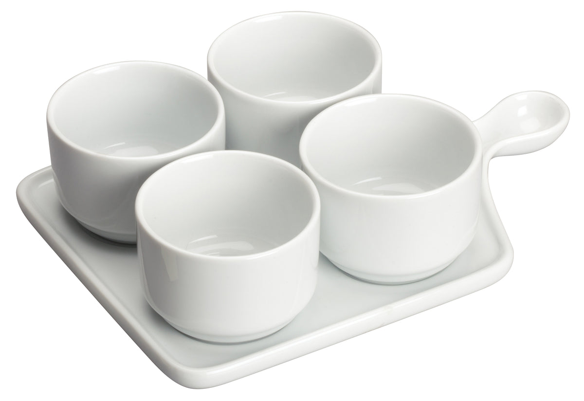 Winco WDP016-102 Tapas Set, 9.75" x 6.75" 4 x 5-oz. Porcelain Bowls, Base Plate, White - 12 Sets/Case