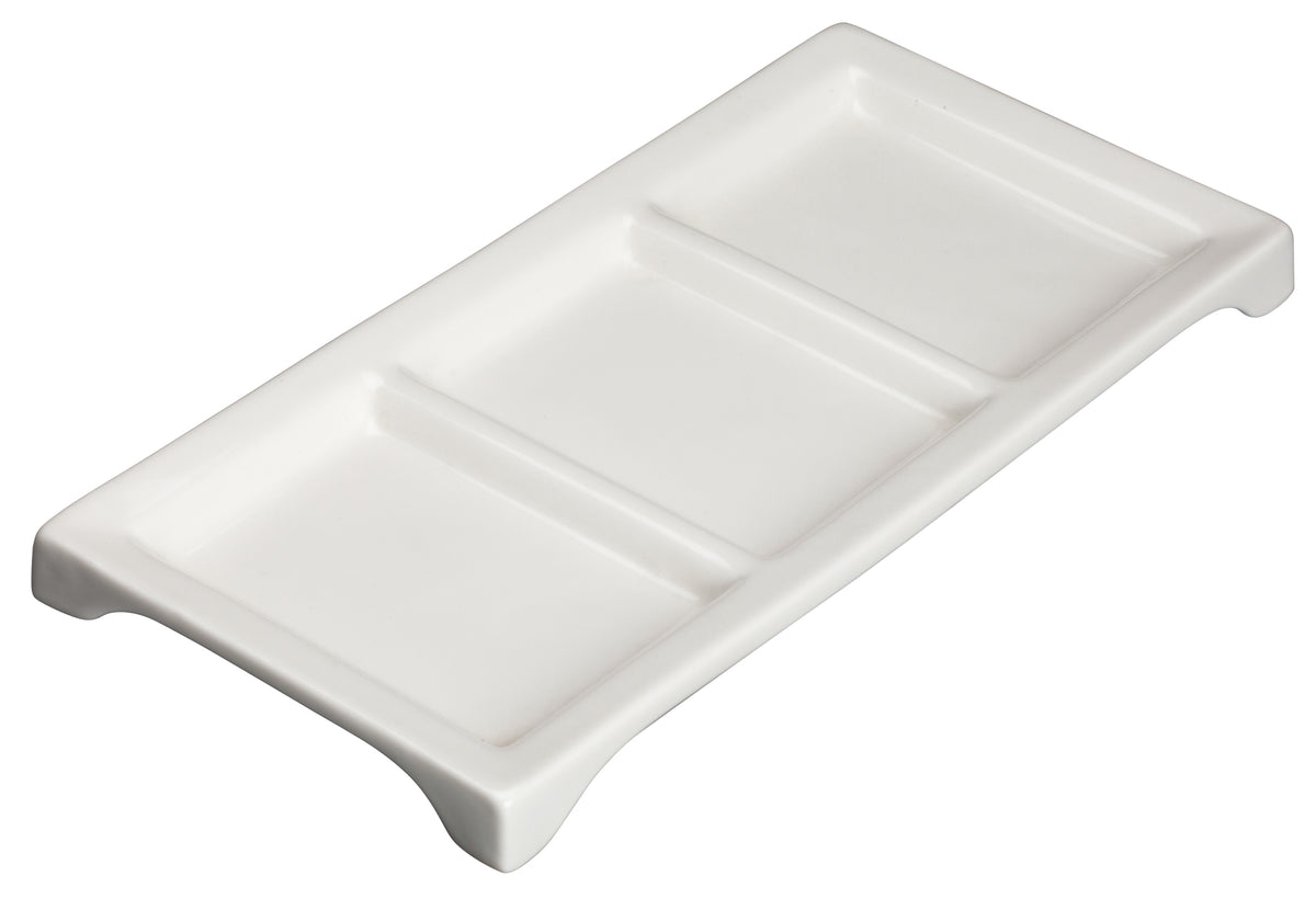 Winco WDP017-108 Trio Tray, 10" x 5", 3-comp rectangular porcelain, bright white - 24/Case