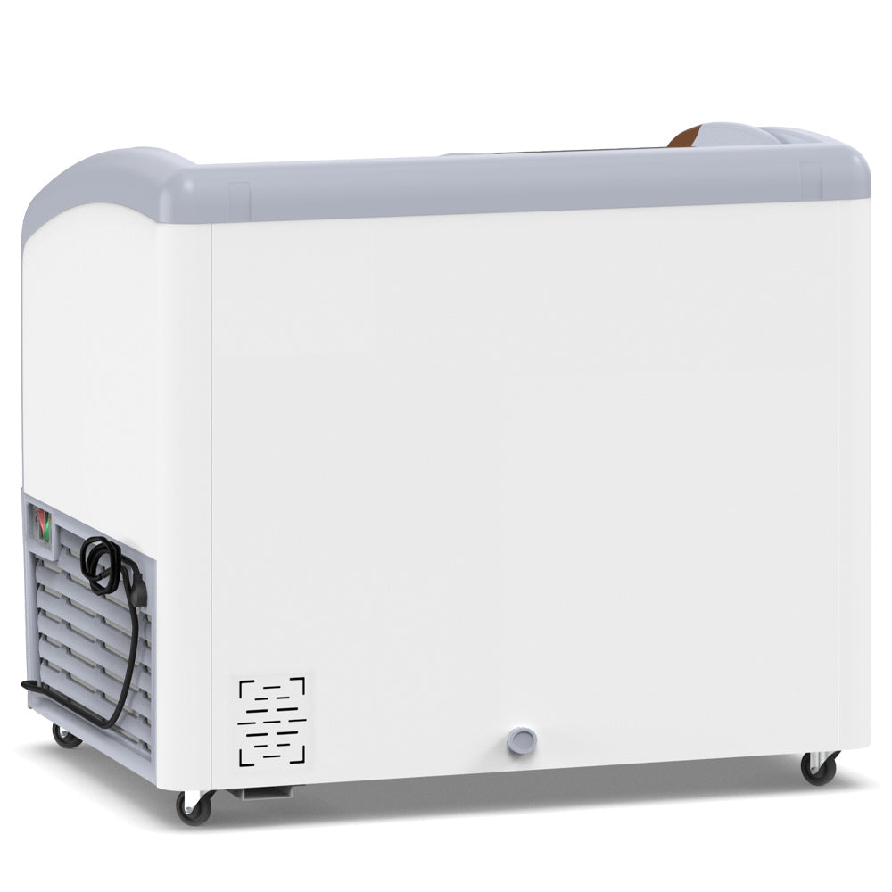 Coldline XS260 curved glass top ice cream display freezer, rear angle view with compressor grille